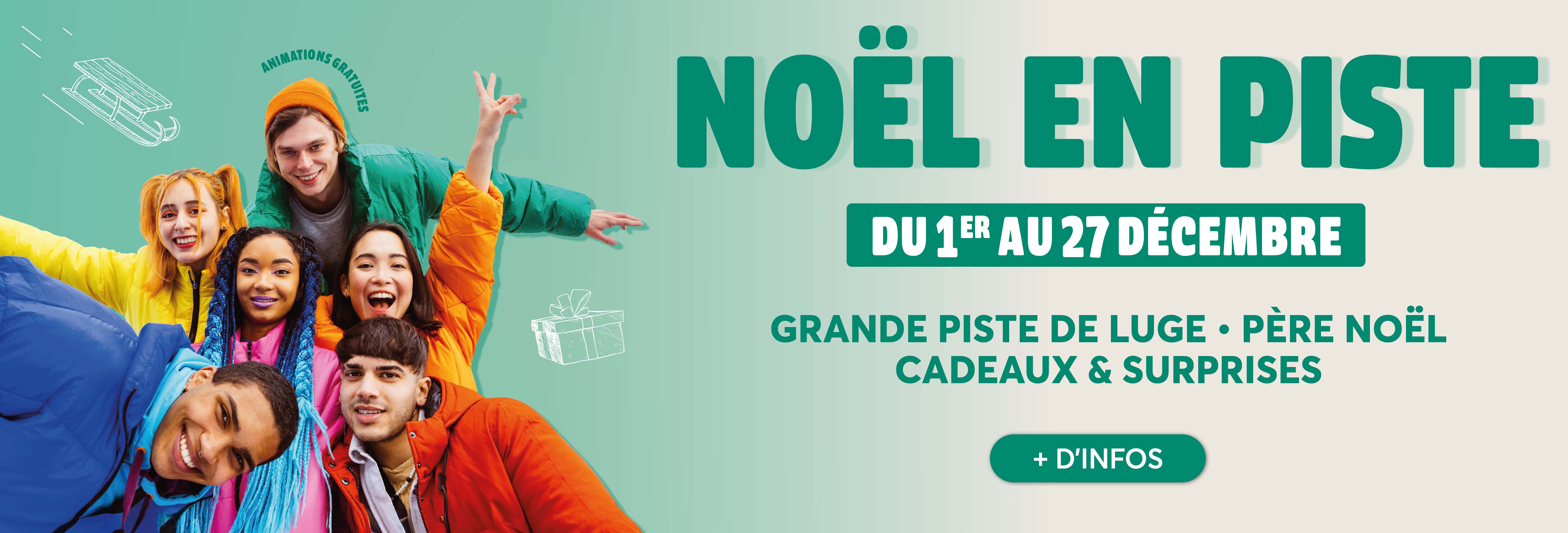 Noël en piste du 1er au 27 décembre, venez profitez d'une grande piste de luge, de la présence du père noël et de pleins de cadeaux et surprises dans votre centre commercial Aushopping Poitiers Sud!