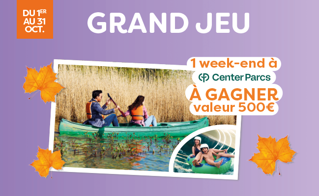 Grand jeu, un week-end a center parcs à gagner d'une valeur de 500 euros au centre commercial Aushopping Poitiers Sud