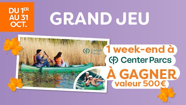 Profitez d'un grand jeu pour gagner un week-end à center parcs d'une valeur de 500 euros dans votre centre commercial Aushopping Poitiers Sud du 1er au 31 octobre 2026
