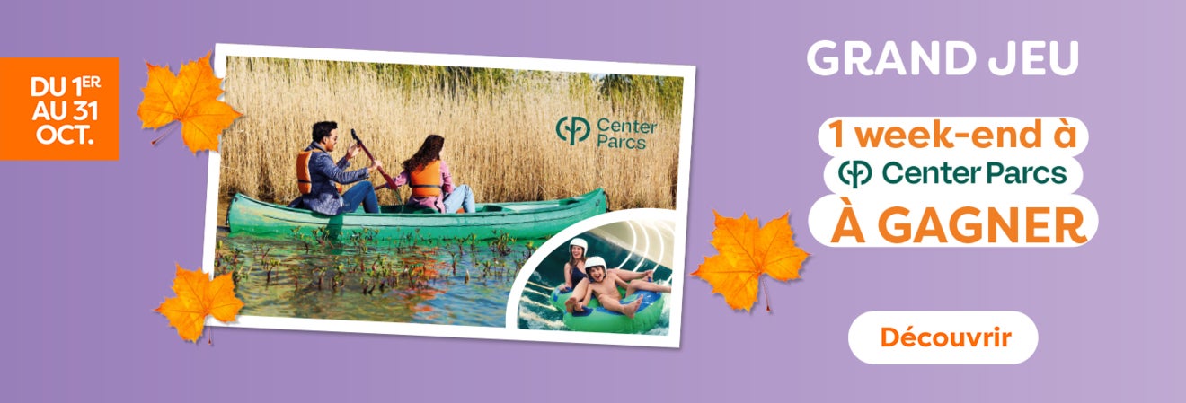 Profitez d'un grand jeu pour gagner un week-end à center parcs d'une valeur de 500 euros dans votre centre commercial Aushopping Poitiers Sud du 1er au 31 octobre 2026